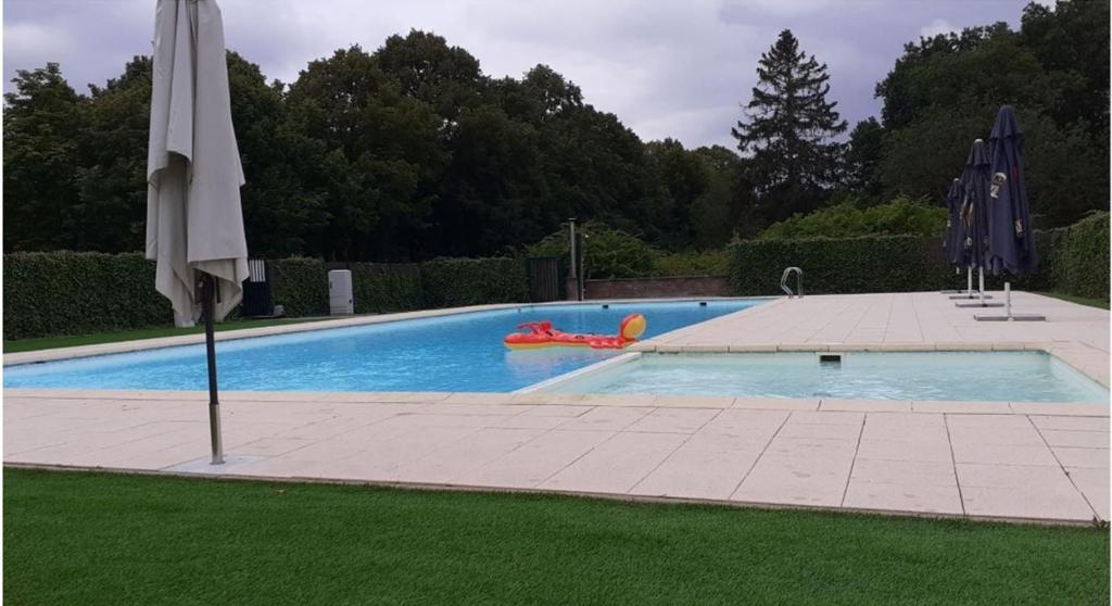 a large swimming pool with an umbrella and an inflatable at Zonnig Appartement Golf van Durbuy in Durbuy