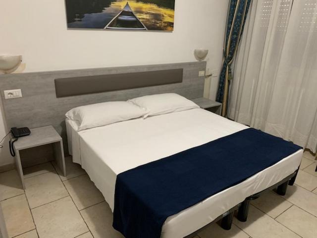 una camera con un letto con una coperta blu e bianca di Hotel Alessander a Milano