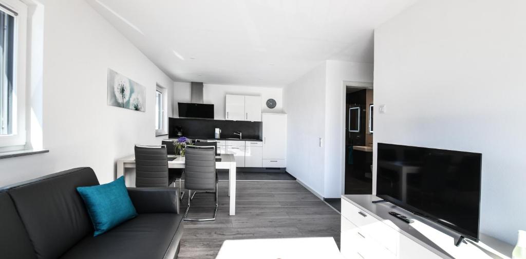 een woonkamer en een keuken met een bank en een televisie bij Apartment Müller am See in Immenstaad am Bodensee