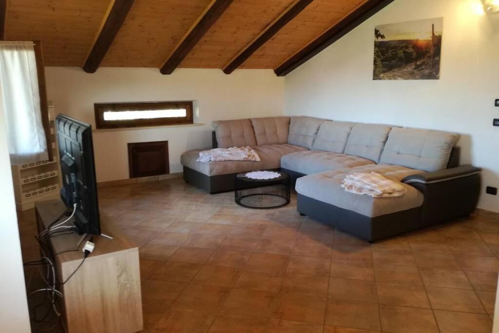 uma sala de estar com um sofá e uma televisão de ecrã plano em Casa Vacanze LILIANA em Priocca
