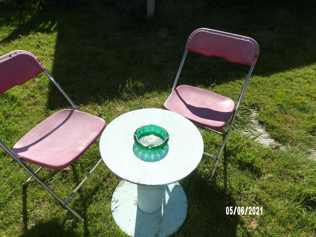 two chairs and a table and a table with a green centerpiece at Calme de la campagne in Le Torp-Mesnil