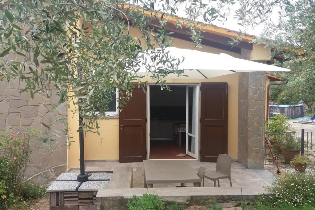 une terrasse avec un parasol, une table et des chaises dans l'établissement Poggio House, tranquillità e comfort nella natura, à San Casciano in Val di Pesa