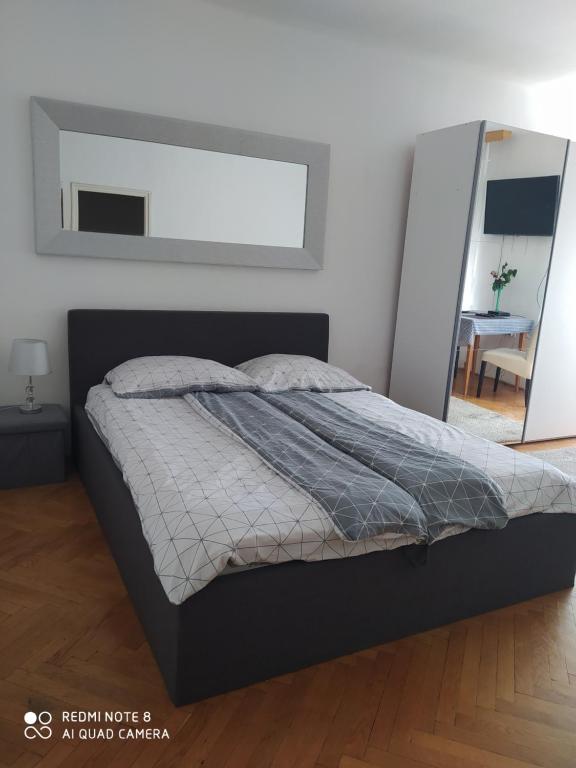 una camera con un grande letto e uno specchio di Dóm Tér Apartman a Szeged
