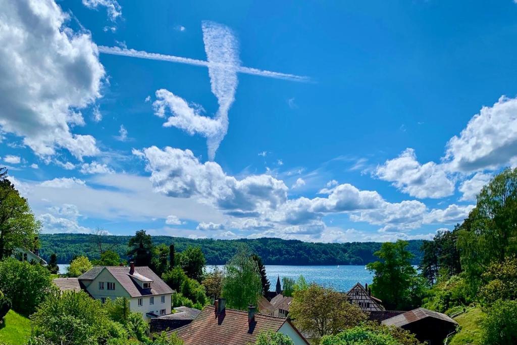 een uitzicht op een blauwe lucht met wolken en een meer bij Silvias Ferienwohnung in Überlingen