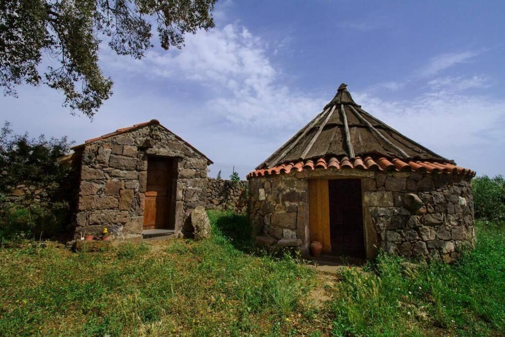 un piccolo edificio in pietra con tetto su un campo di Pinnettu Ghilarza a Ghilarza