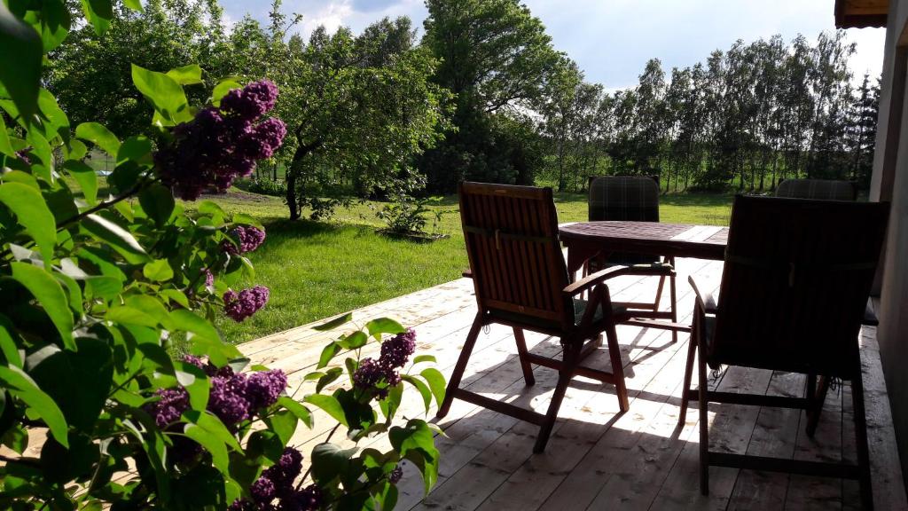 a table and chairs on a patio with purple flowers at Blanki Siedlisko agroturystyczne Jestem in Lidzbark Warmiński