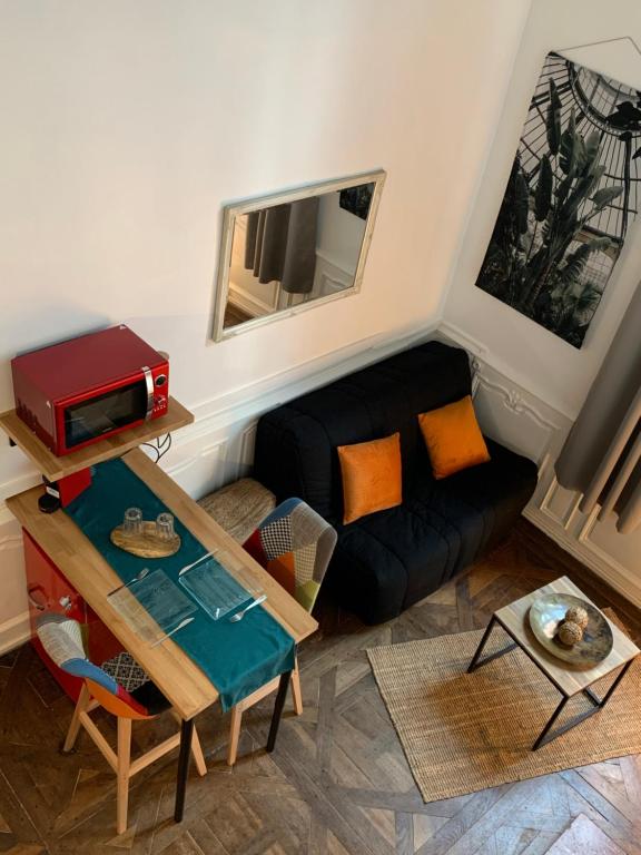 a living room with a black couch and a table at Appartement Cosy Centre Historique Avignon in Avignon