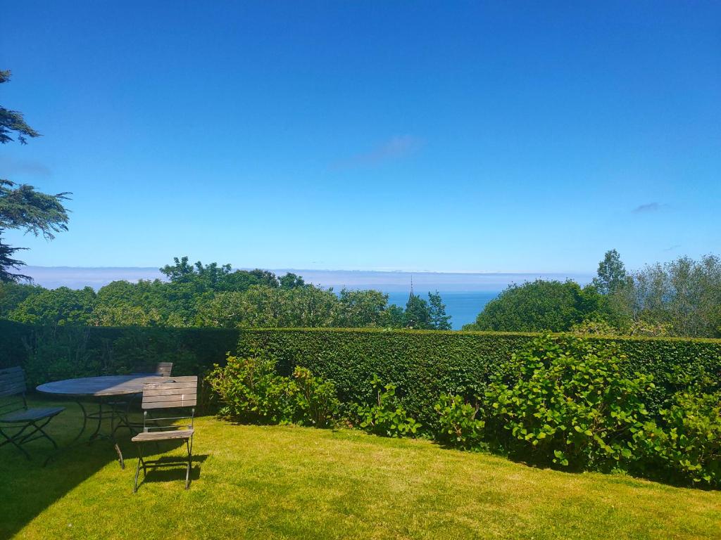 une table et des chaises assises dans une cour à côté d'une haie dans l'établissement Résidence Brise du Large - Grand appartement 6 personnes magnifique vue mer, à Villers-sur-Mer