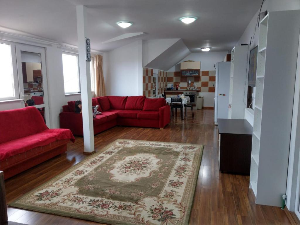 ein Wohnzimmer mit zwei roten Sofas und einem Teppich in der Unterkunft Apartament 5 camere cu balcon Costinesti plaja 5 minute Nucilor 6 in Costinești