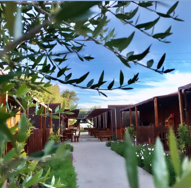 a walkway with tables and a fence in a yard at Violet Village in Borsh