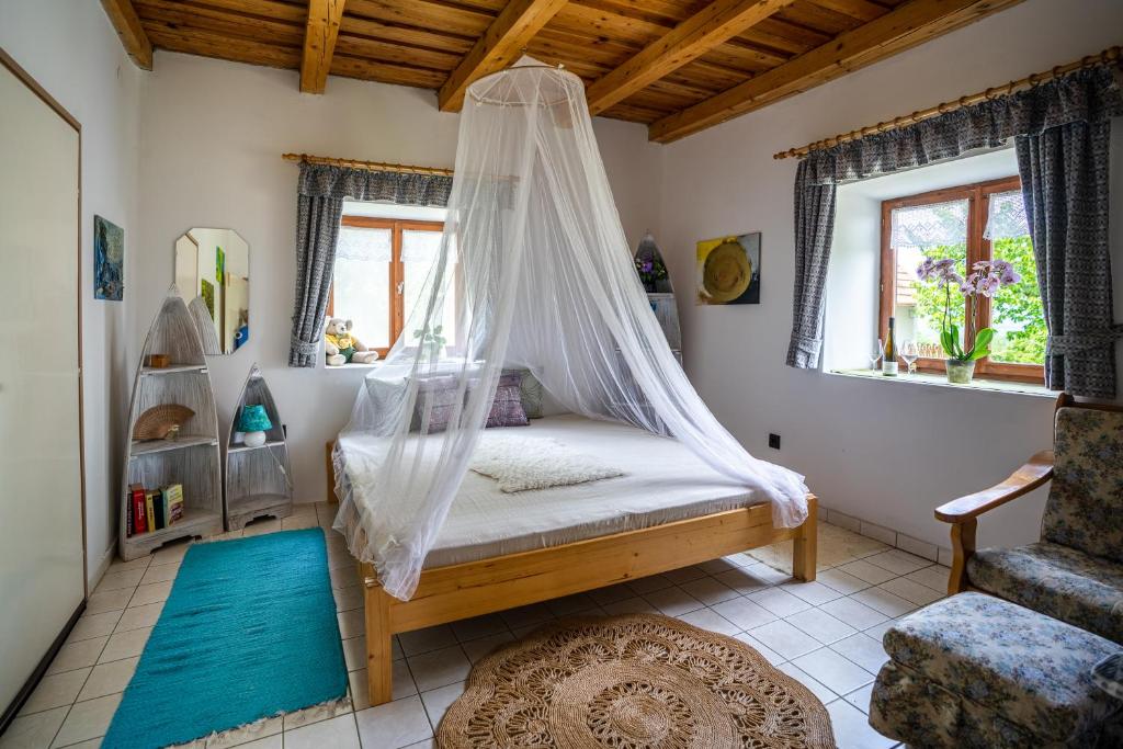 a bedroom with a bed with a mosquito net at Hillside Vendégház a Szent György-hegyen in Raposka