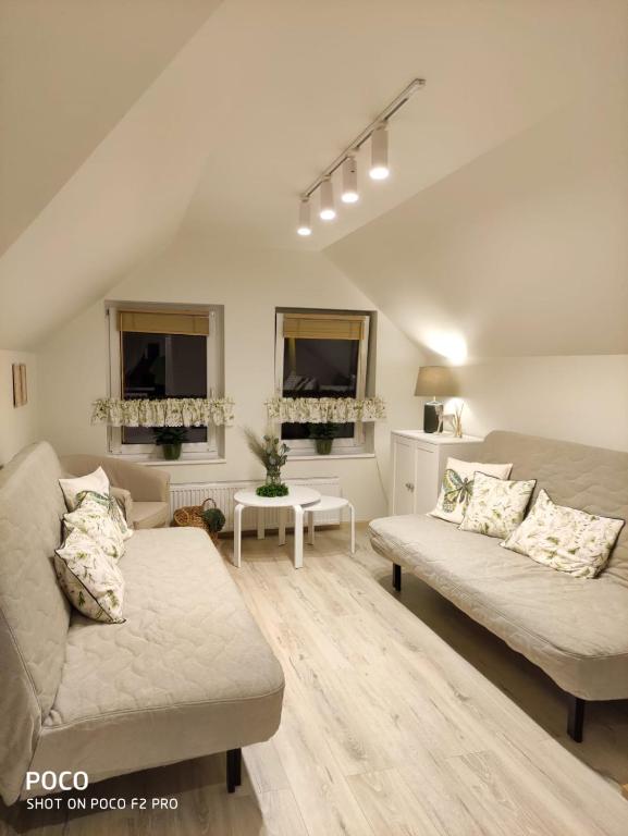 a living room with a couch and a table at Apartamenty u Kasi in Kudowa-Zdrój
