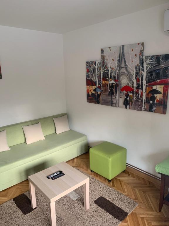 ein Wohnzimmer mit einem grünen Sofa und einem Couchtisch in der Unterkunft apartman Fuerte 2 in Belgrad