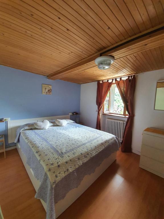 a bedroom with a bed and a wooden ceiling at Coccinella House in Calasca Castiglione