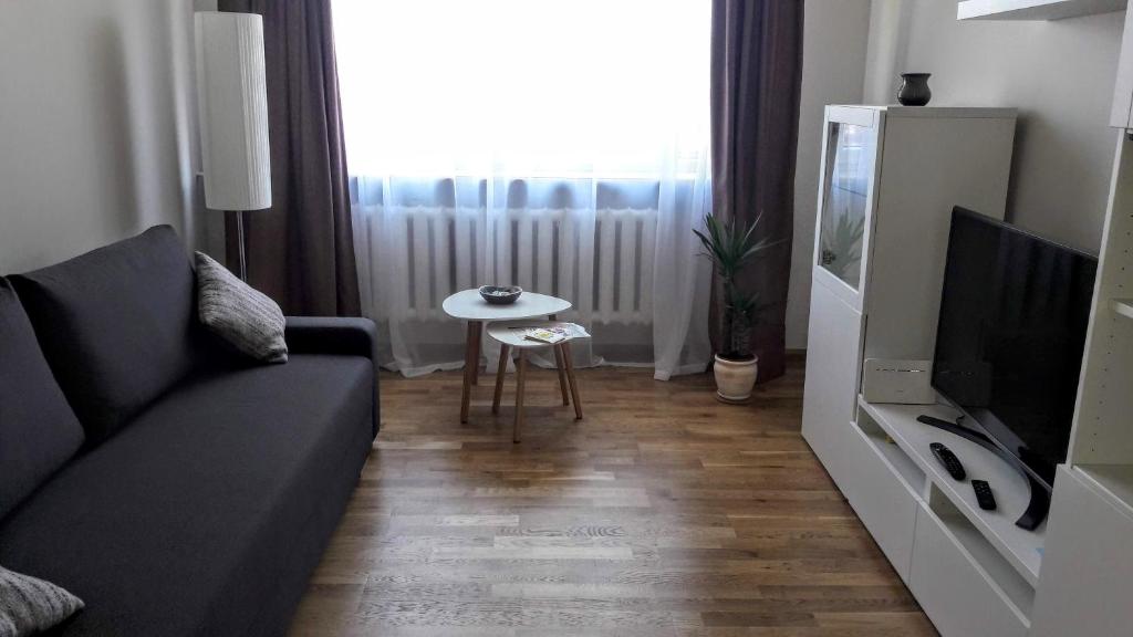 uma sala de estar com um sofá, uma televisão e uma mesa em Kurzemītes apartamenti em Kuldīga