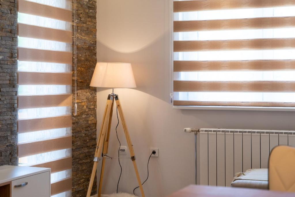 a floor lamp in a room with a window at Carpe Diem in Zlatibor