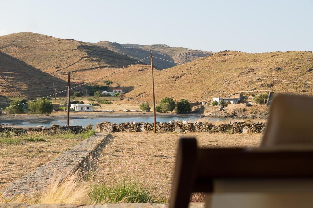 a herd of animals walking down a field with a river at Themonies Suites and Apartments in Kithnos