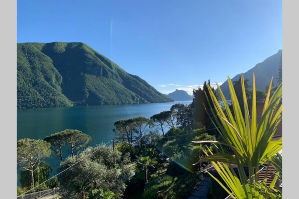uma vista para um lago com montanhas ao fundo em Cosy Penthouse with stunning view on Lugano Lake em Cima