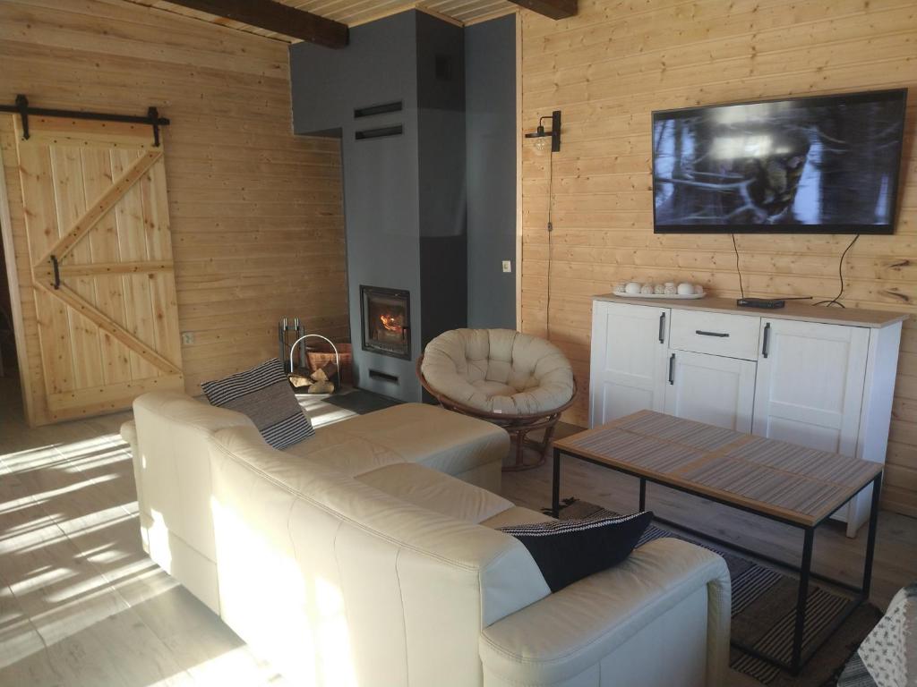 a living room with a couch and a table and a tv at Ranczo u Jarka in Jeżyce