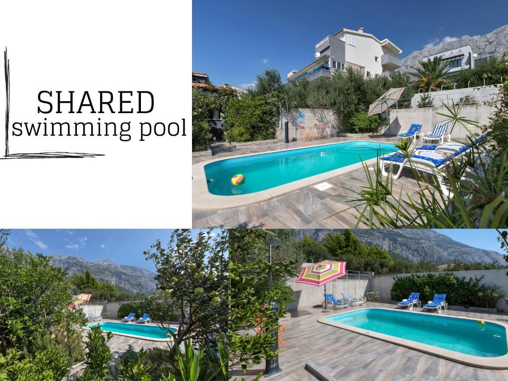 un collage de fotos de una piscina y una casa en Apartments Vele, en Makarska