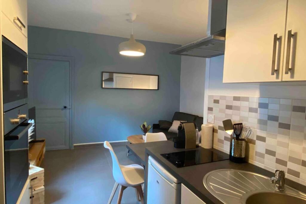 une cuisine et un salon avec un canapé dans l'établissement Studio cocooning desjardins, à Angers