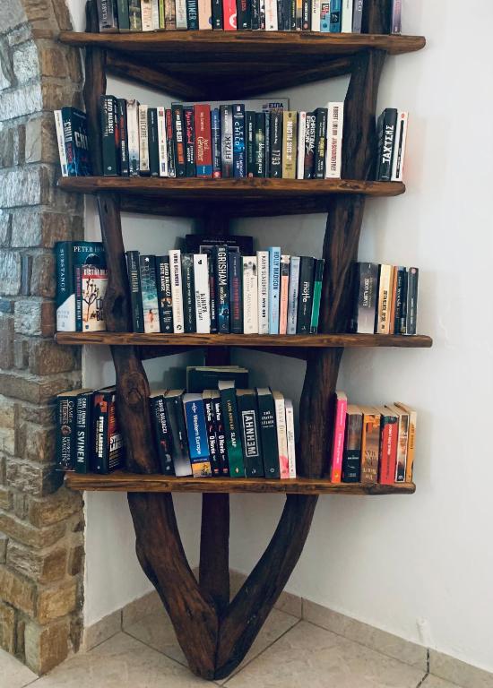 a book shelf filled with books on a wall at Hotel Aegeon in Mylopotas