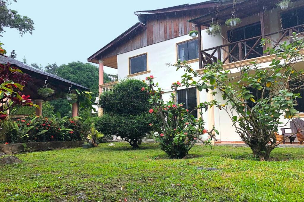 una casa con árboles frente a un patio en Acogedora Casa Rural en plena naturaleza frente al Río con piscina Bonao, en Bonao