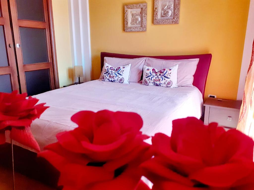 a bedroom with a bed with red flowers on it at A casa di Sabina, appartamento a Castelbuono in Castelbuono