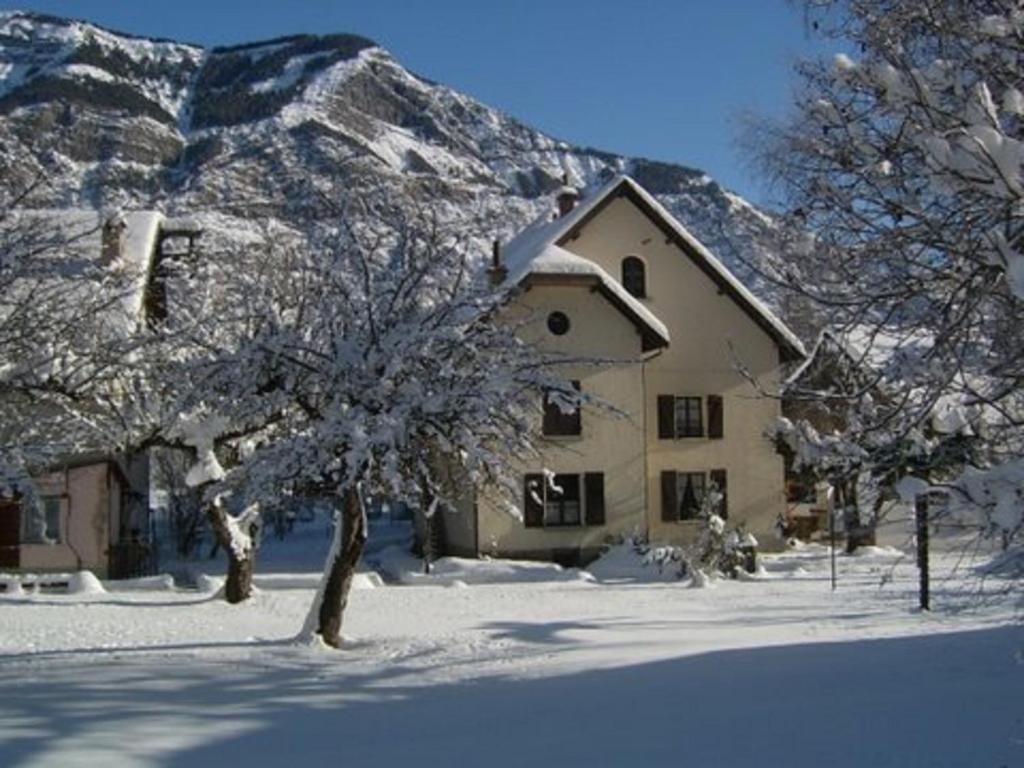 a house in the snow with a tree at La Marmotte De La Meije in Le Bourg-dʼOisans