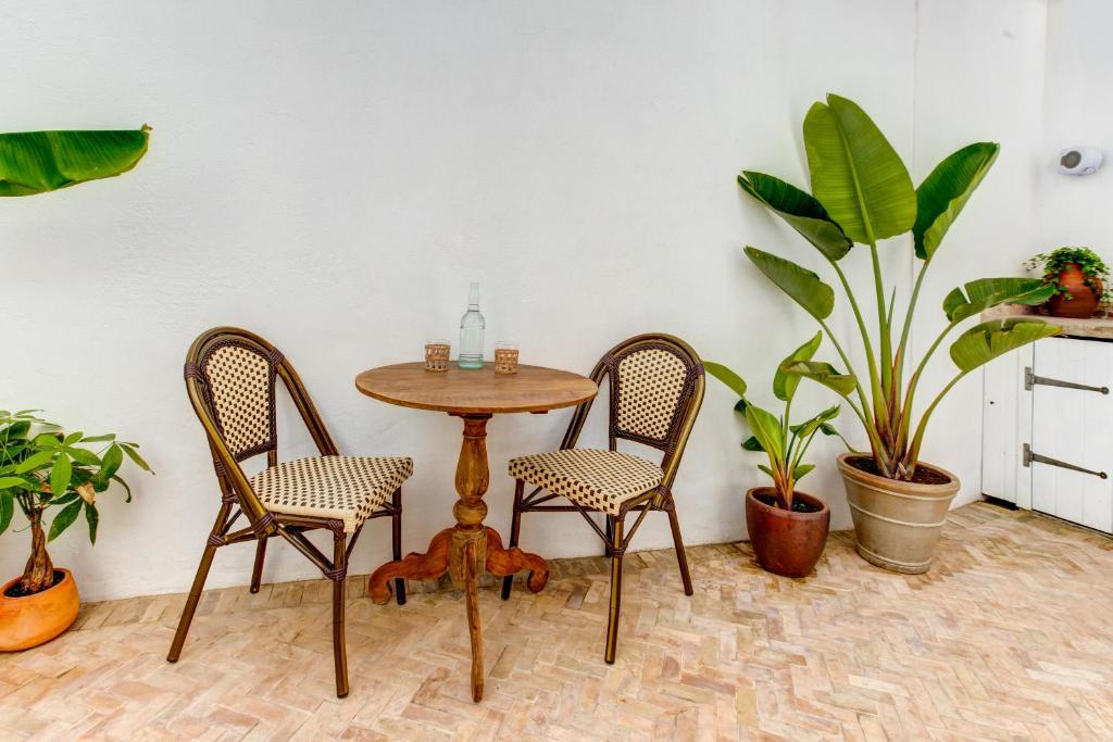 une table et des chaises dans une pièce ornée de plantes dans l'établissement Casa Golden Bamboo, private patio & 100m from the river!, à Vila Nova de Milfontes