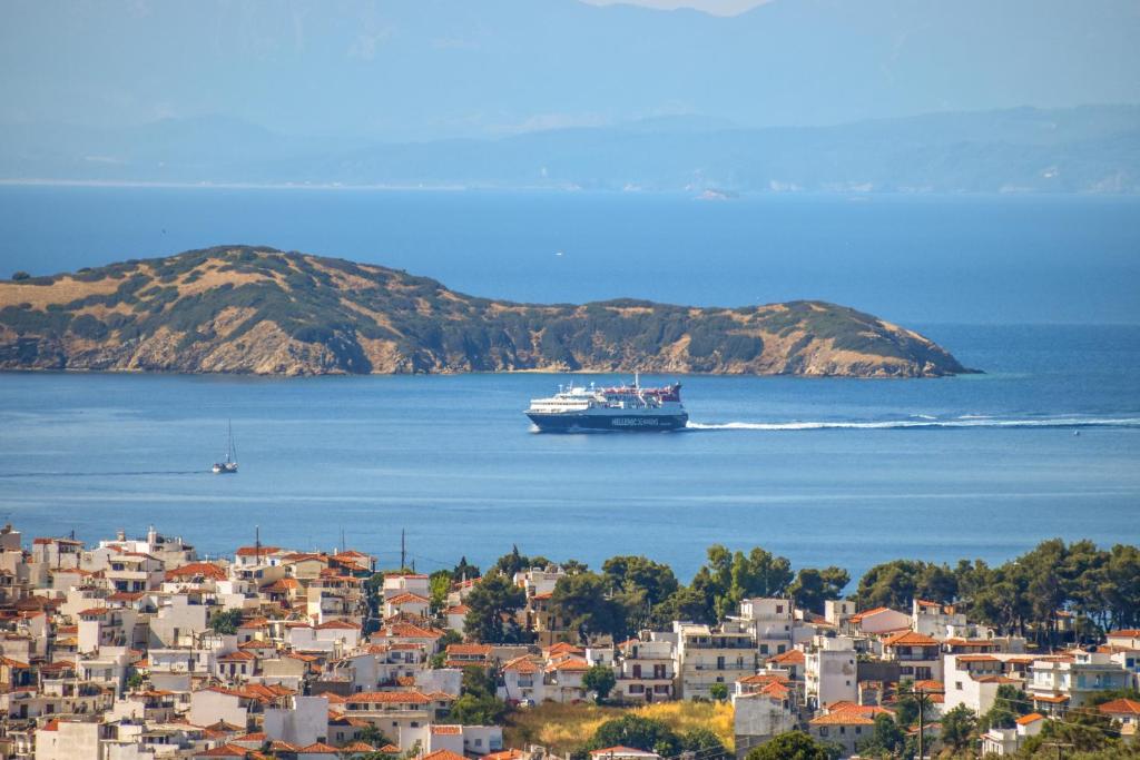 a cruise ship in the water near a city at Georgia Villas in Skiathos Town