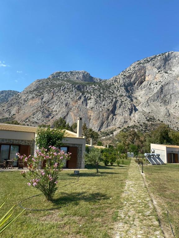 a house with a mountain in the background at Kryoneri village in Kryonéri