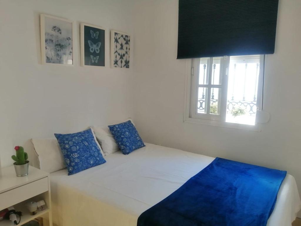 a bedroom with a bed with blue pillows and a window at Room in Lovely cottage house Habitaciones en Chalet en Cadiz San Fernando in San Fernando