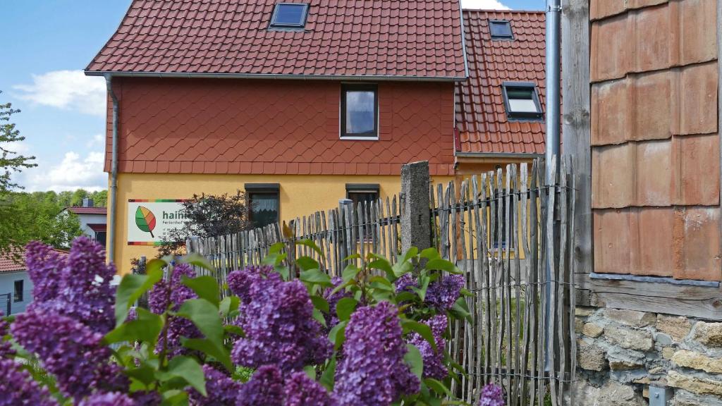 una cerca frente a una casa con flores púrpuras en Hainich-Zeit, en Eigenrieden