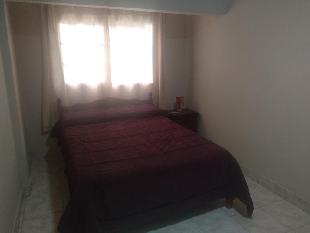 a bedroom with a bed with a red blanket and a window at Victoria apart in San Ramón de la Nueva Orán