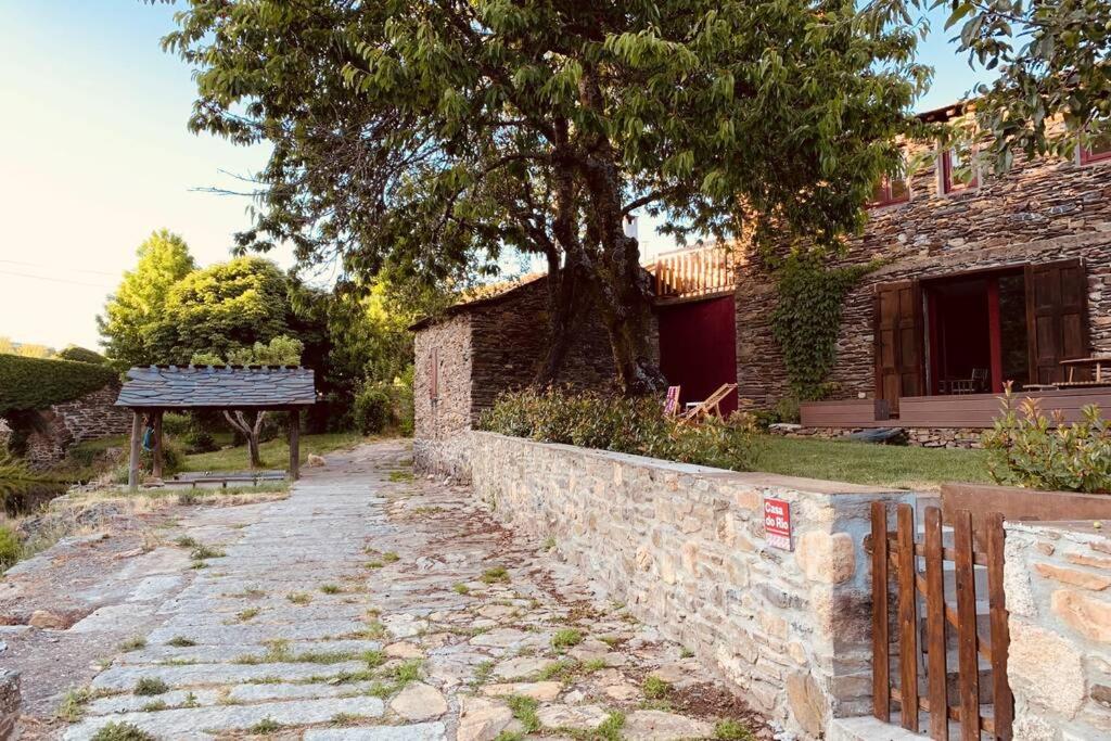 una pared de piedra con un banco junto a un árbol en Casa do Rio. Sossego à beira rio., en Rio de Onor