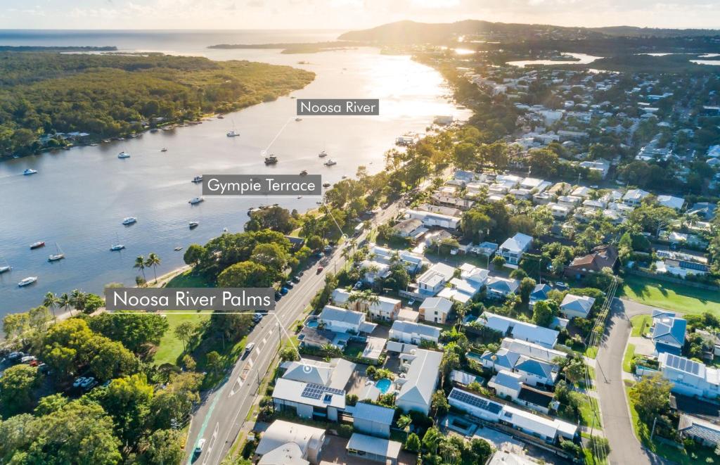 an aerial view of the city of noosa river farms at Noosa River Palms in Noosaville