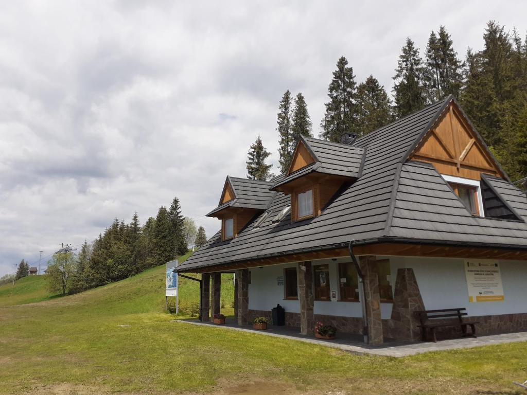 a building on top of a hill with trees at Domek HAWRAŃ in Jurgów