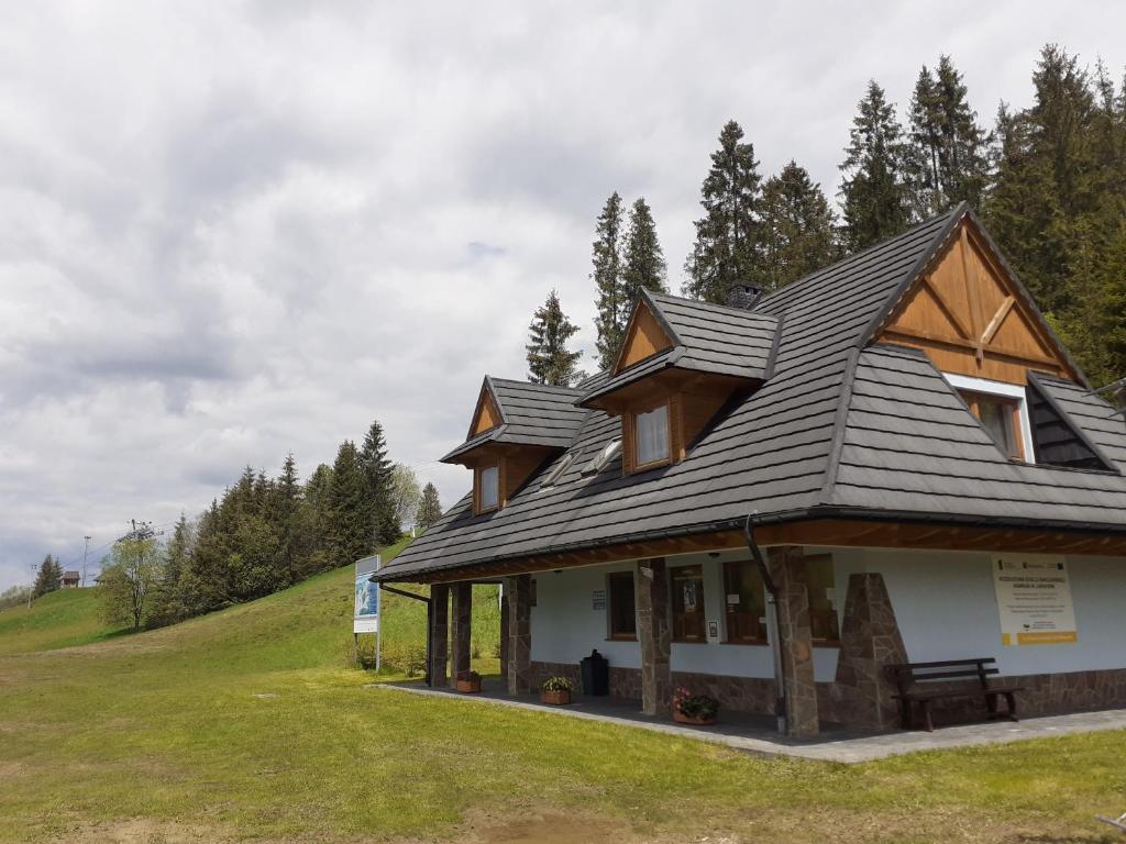 a building on top of a hill with trees at DOMEK HAWRAŃ in Jurgów