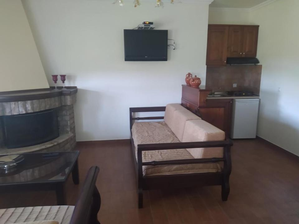 een woonkamer met een bank en een keuken bij STUDIOS CHRISTINA in Póroi