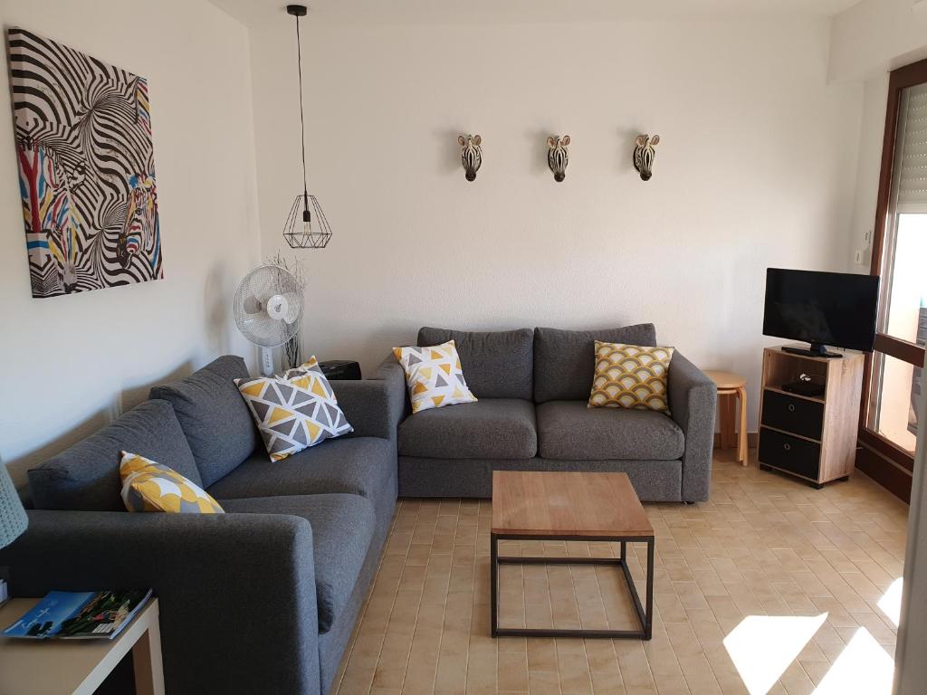 un salon avec un canapé et une table basse dans l'établissement Appartement Cap d'Agde - 6 personnes, au Cap d'Agde