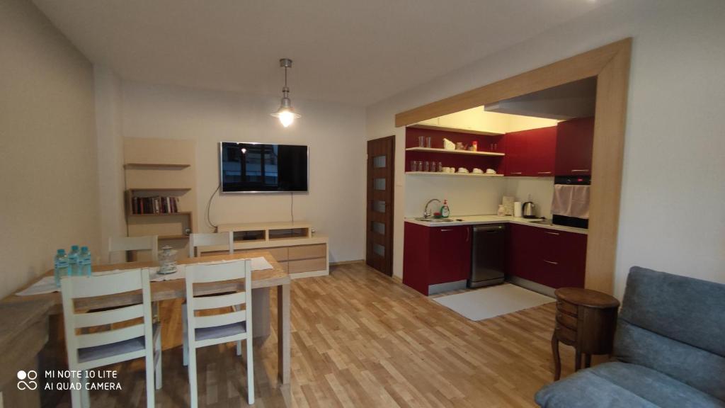 a kitchen and living room with a table and a couch at Apartment Central Park in Gabrovo
