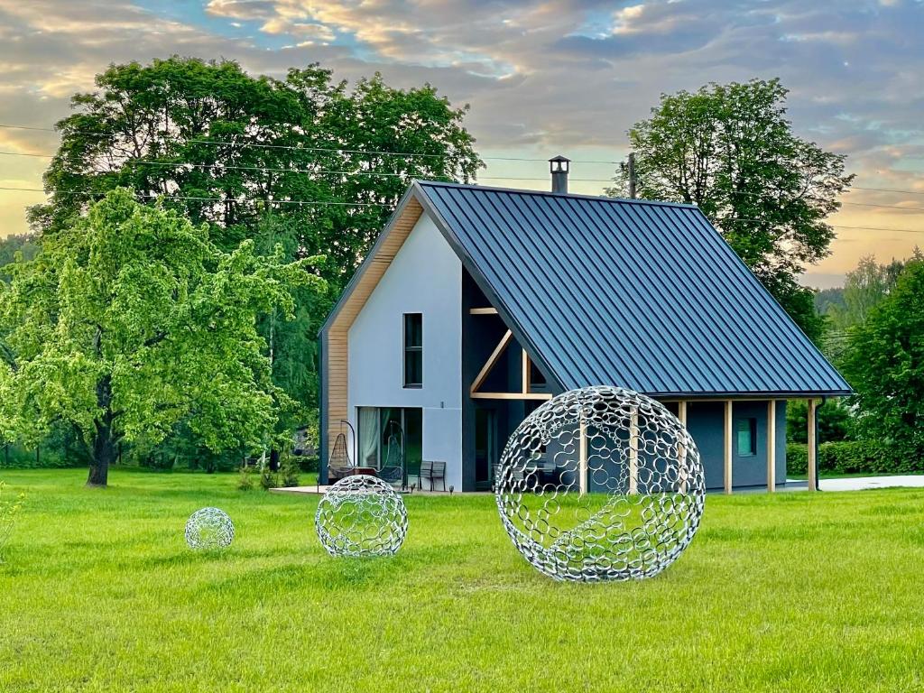 a house with nets in the grass in front of it at Green Hill House in Līgatne