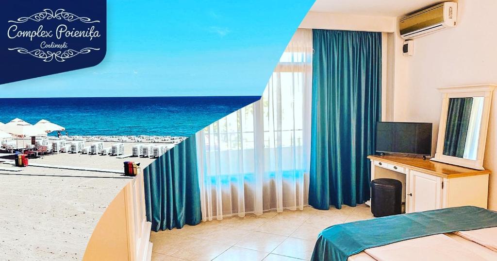 een hotelkamer met uitzicht op het strand bij Hotel Poienita in Costinesti