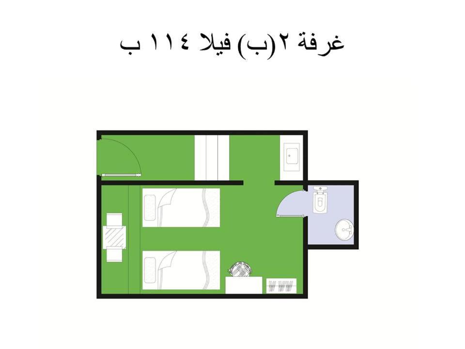 a floor plan of a small apartment with green at 2B equipped basement chalet with 2 beds pool view green beach villa 114b in El Alamein