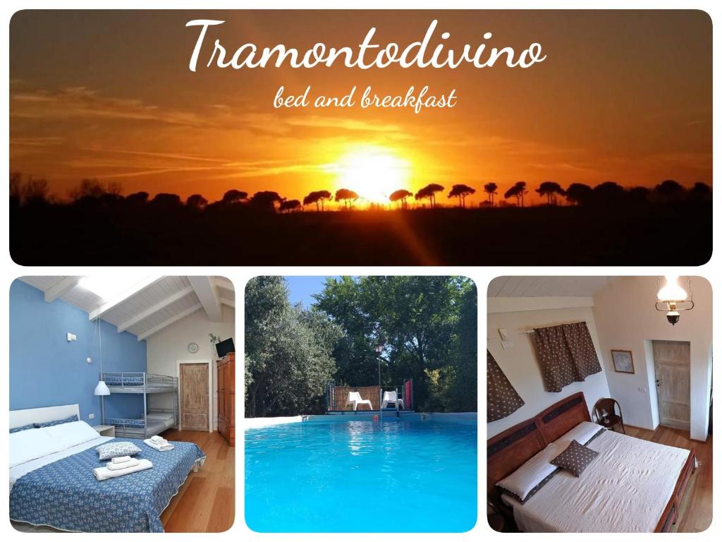 un collage de fotos de un hotel con piscina en Tramontodivino b&b, en San Pietro in Vincoli