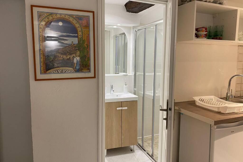 a bathroom with a sink and a painting on the wall at Studio Cité historique in Vence