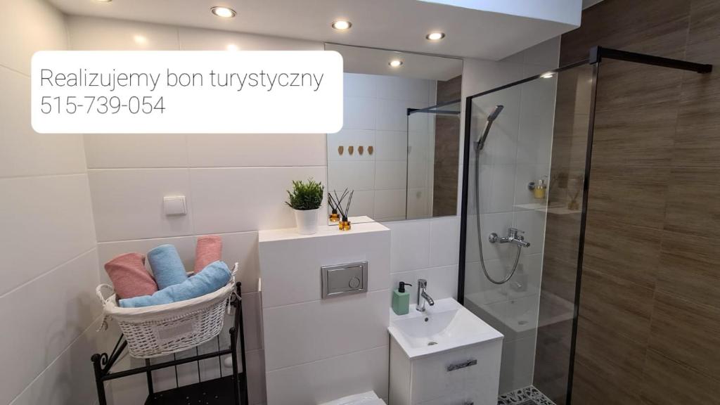 e bagno con doccia, servizi igienici e lavandino. di Apartament Rycerski a Malbork