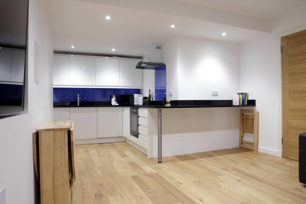 cocina con armarios blancos y azules y suelo de madera en Turtle Apartment, en Edimburgo