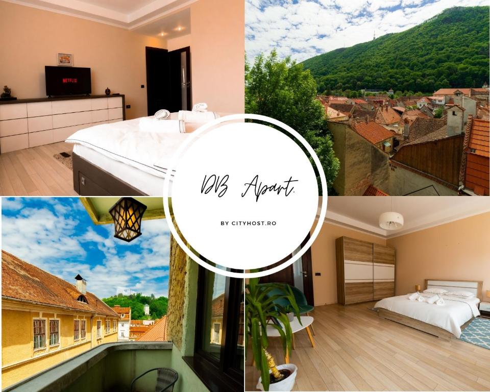 un collage di foto di una camera d'albergo con vista di DB Apt - Comfort and Space in the heart of Old Town a Braşov